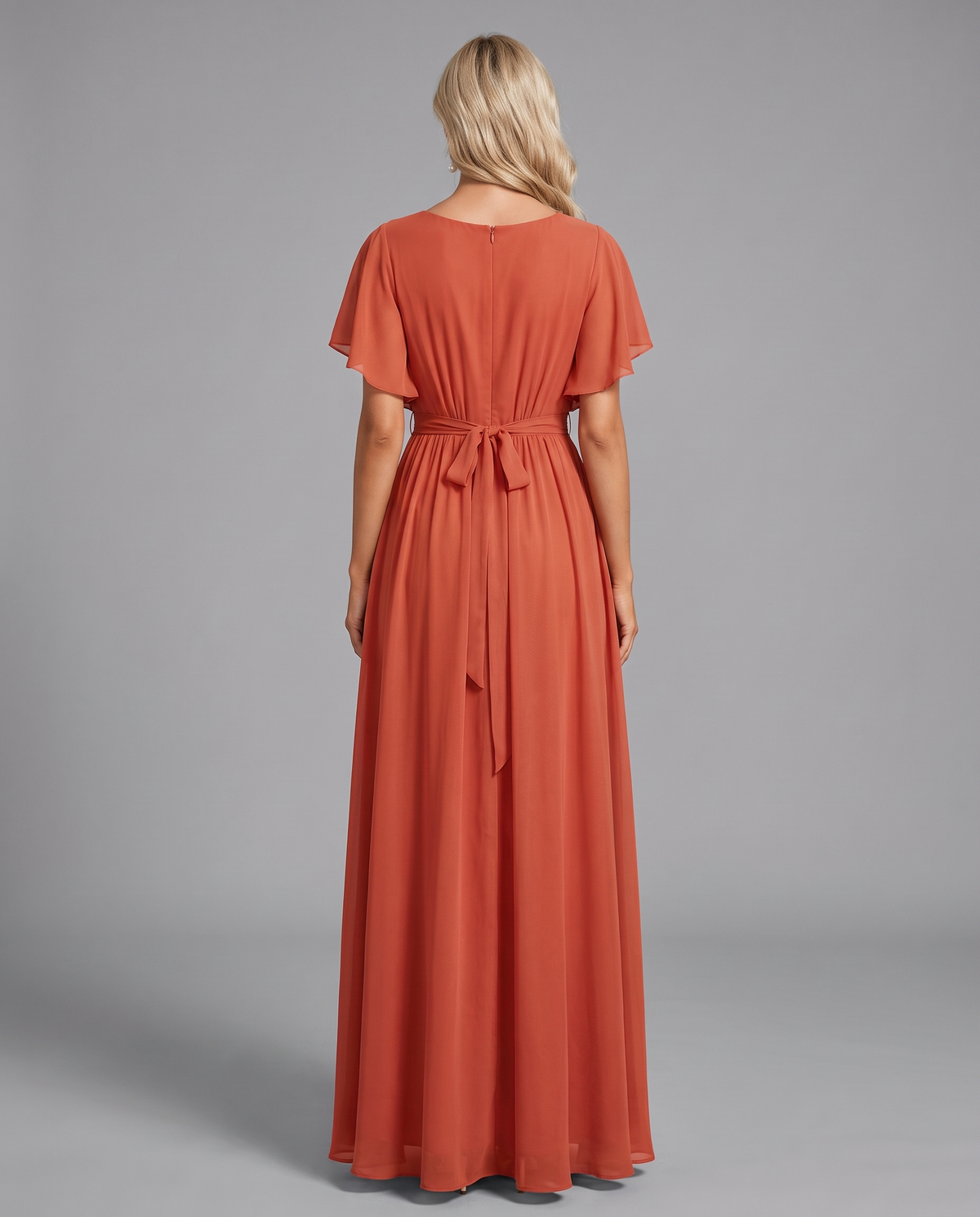Flutter Sleeve Floor-Length Chiffon Evening Dress