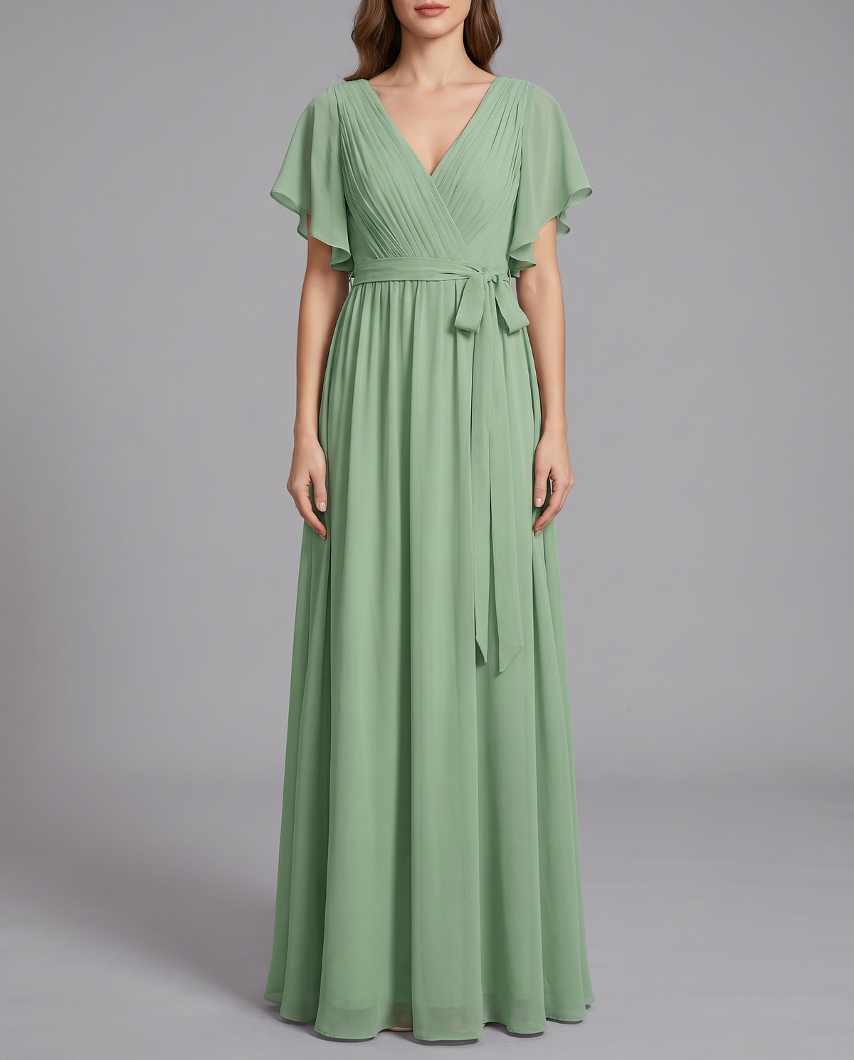 Flutter Sleeve Floor-Length Chiffon Evening Dress