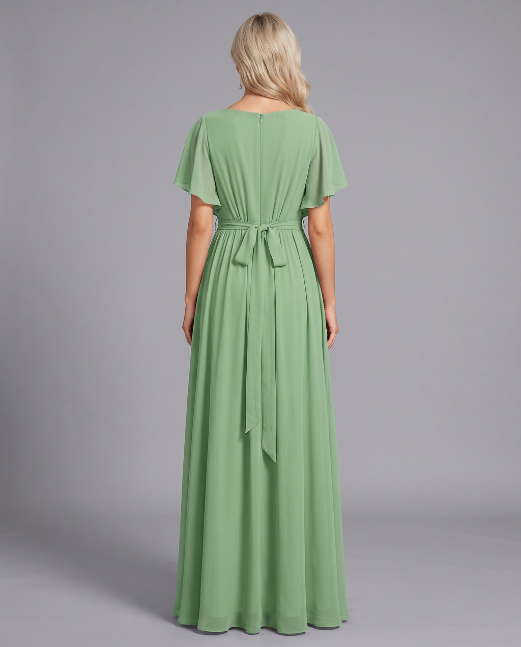 Flutter Sleeve Floor-Length Chiffon Evening Dress
