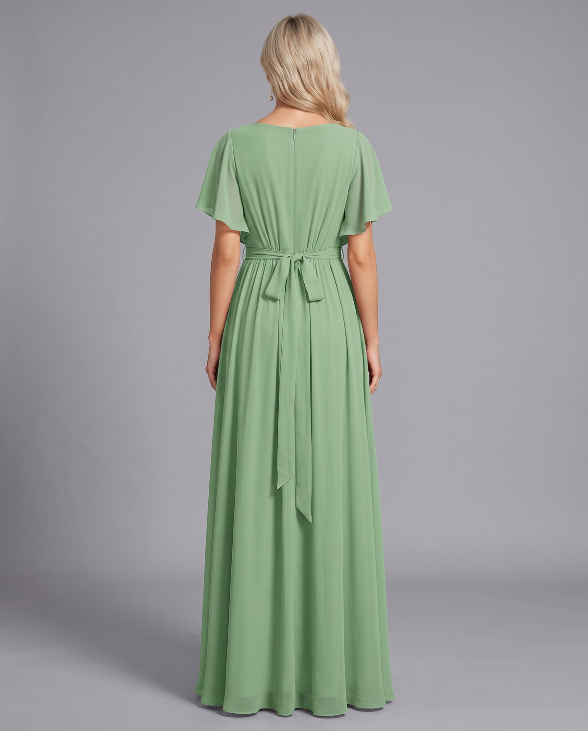 Flutter Sleeve Floor-Length Chiffon Evening Dress