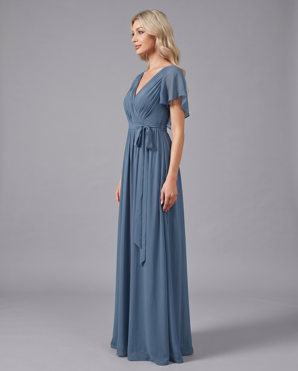 Flutter Sleeve Floor-Length Chiffon Evening Dress