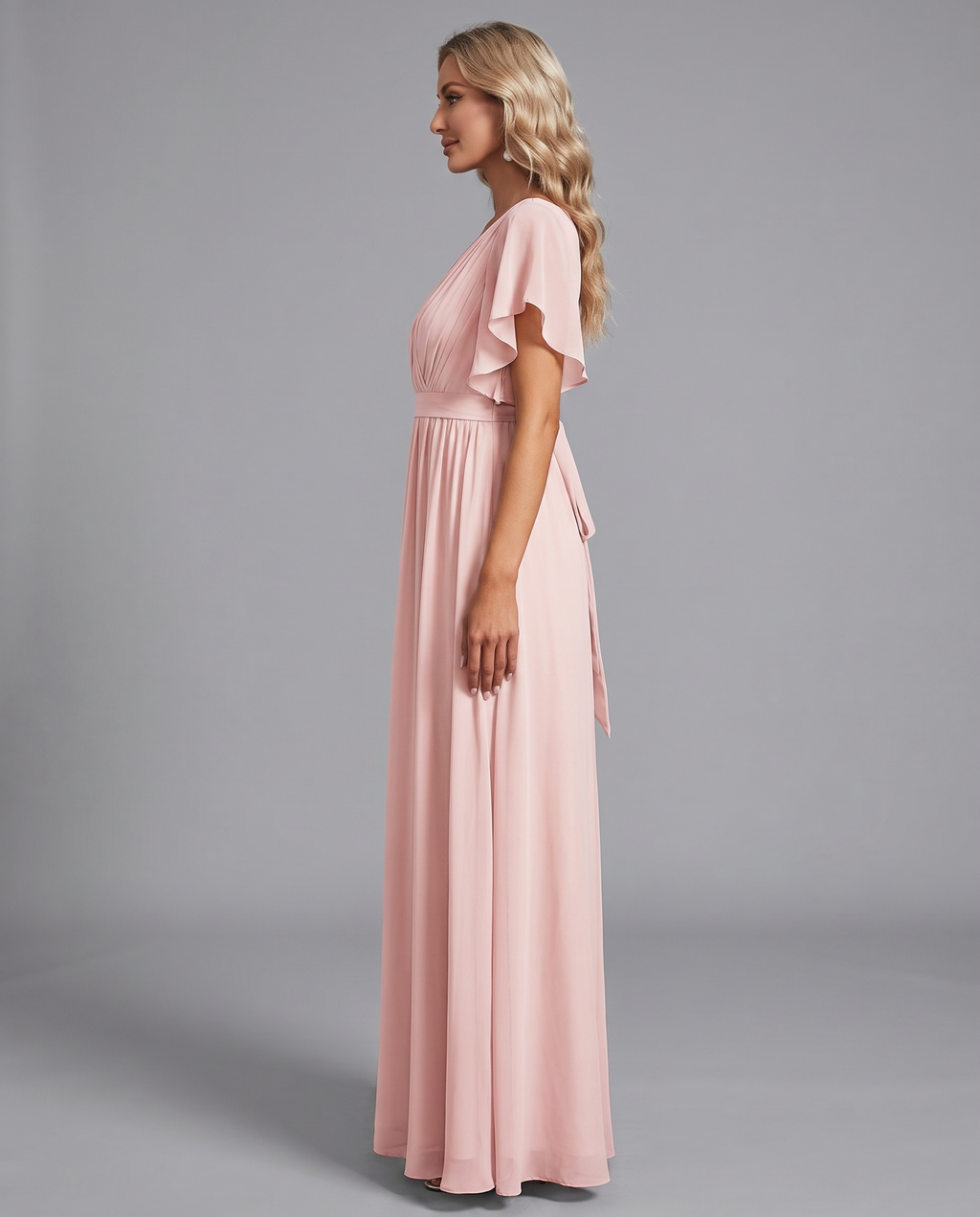 Flutter Sleeve Floor-Length Chiffon Evening Dress