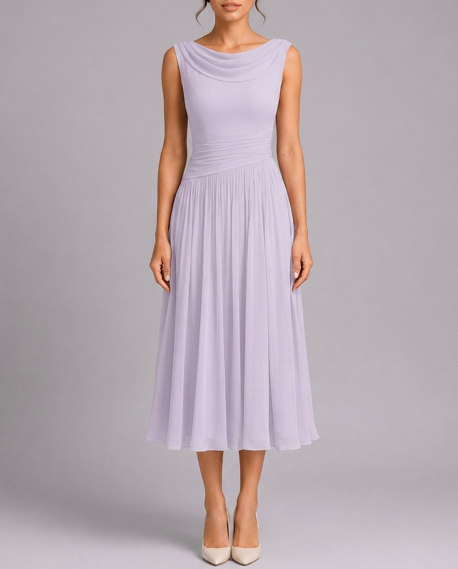 Lilac pleated midi dress with draped cowl neckline, front view