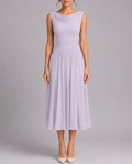 Lilac pleated midi dress with draped cowl neckline, front view