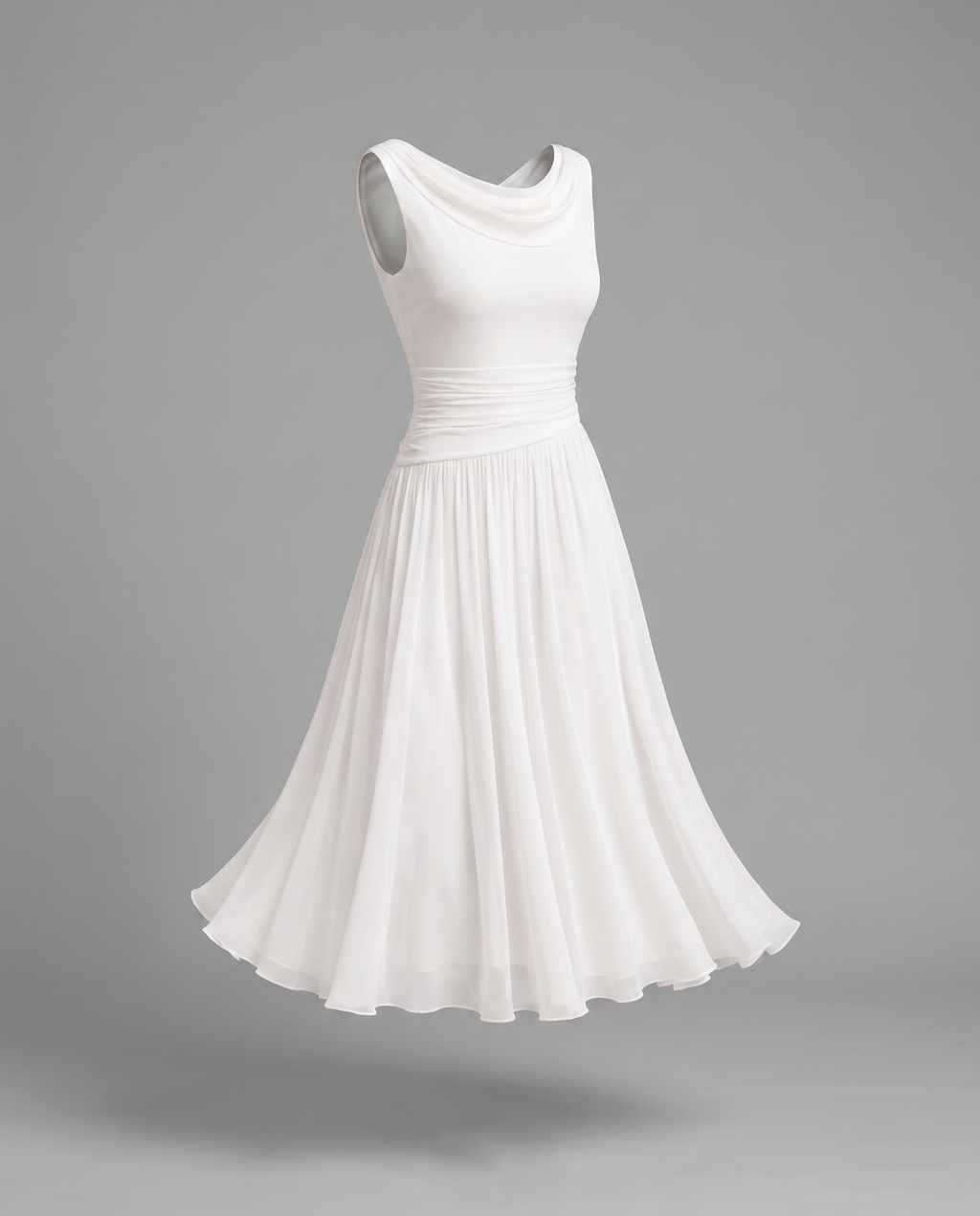 Elegant Pleated Midi Dress with Draped Neckline