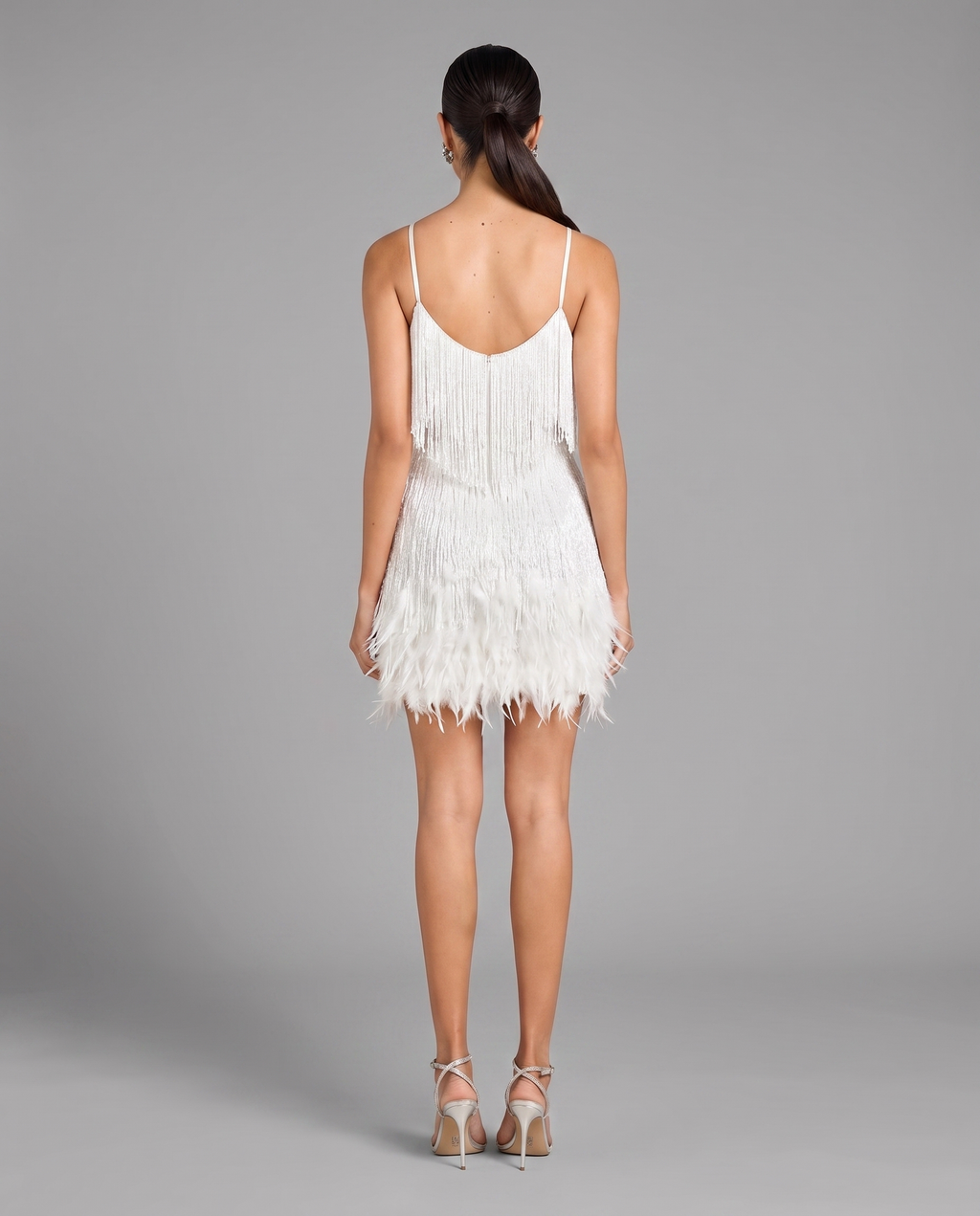 White Sequin Mini Dress Feather Fringe Party Dress