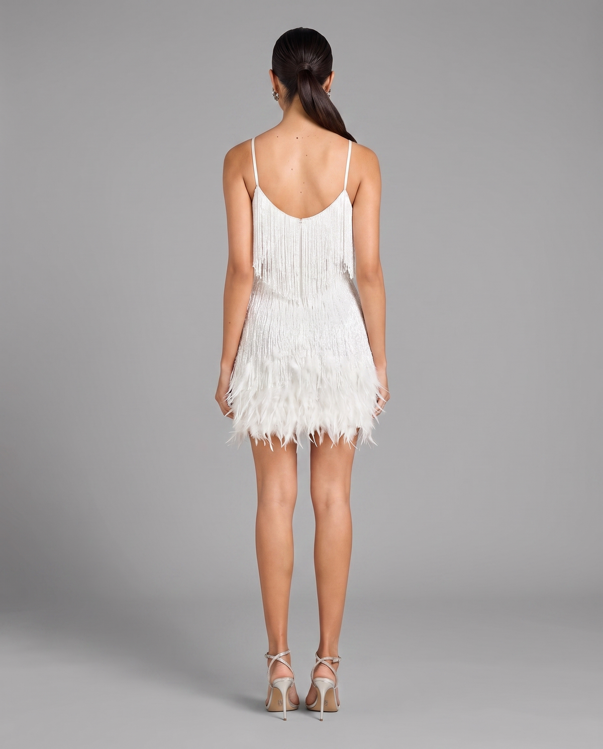 White Sequin Mini Dress Feather Fringe Party Dress
