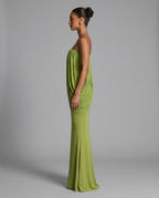 Olive Strapless Draped Wedding Guest Maxi Dress