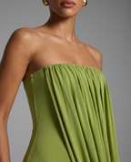 Olive Strapless Draped Wedding Guest Maxi Dress